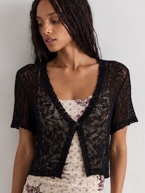 Black Crochet Short Sleeve Cardigan - Women's Layering Top